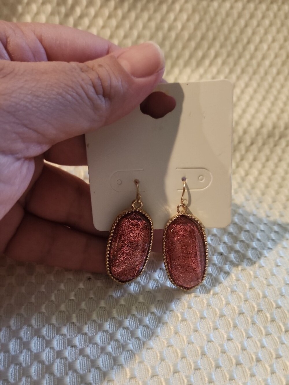 Gold-Trim Pink Glitter Drop Earrings - Picture 2 of 3